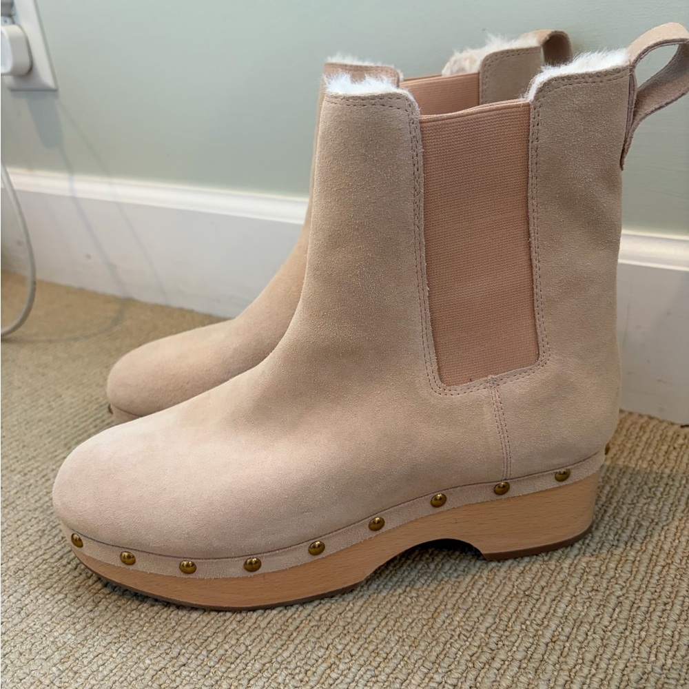 J. Crew Pale Pink Clog Boots with Gold Studs and Faux Fur Lining